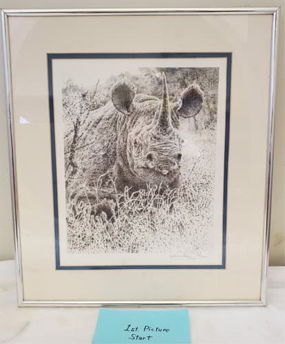 William Baker Rhino Head Drawing Pointillism Detail Signed & Framed - Image 1
