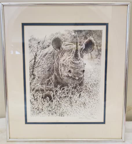 William Baker Rhino Head Drawing Pointillism Detail Signed & Framed - Thumbnail 2