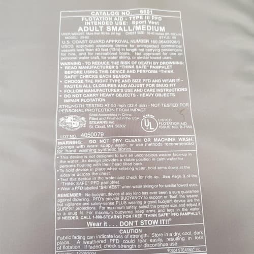 Stearns Watersports Life Jacket Catalog 6601 Type 3 PFD Adult S/M 32-40 Inches 4 - Thumbnail 4