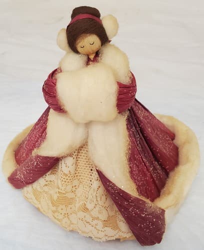 Vintage Handmade Red Velvet Doll w/ Lace & Fur Trim Coat Collector Figurine - Thumbnail 2