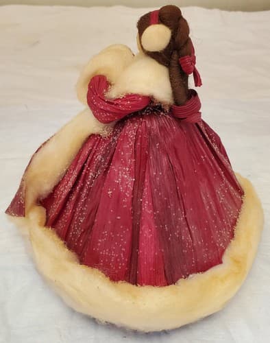 Vintage Handmade Red Velvet Doll w/ Lace & Fur Trim Coat Collector Figurine - Thumbnail 3