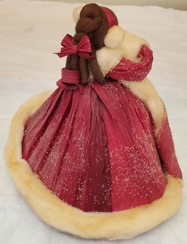 Vintage Handmade Red Velvet Doll w/ Lace & Fur Trim Coat Collector Figurine - Thumbnail 4