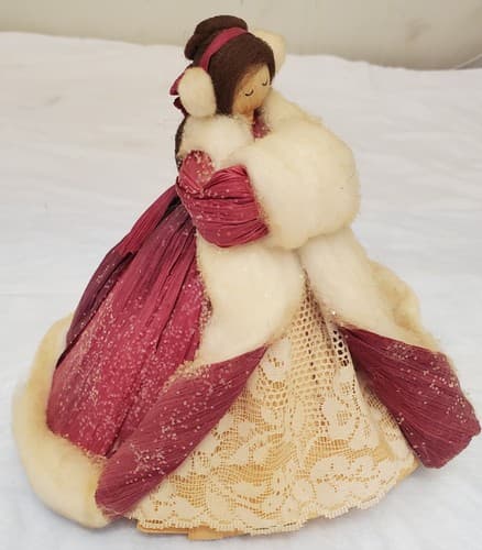 Vintage Handmade Red Velvet Doll w/ Lace & Fur Trim Coat Collector Figurine - Thumbnail 5