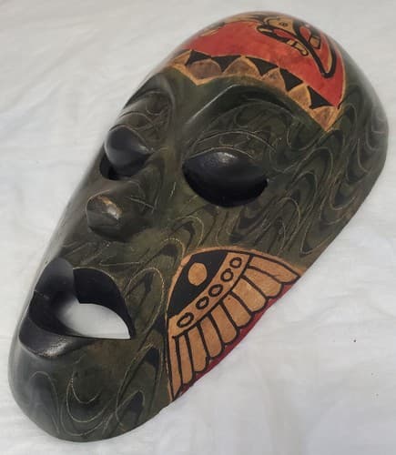 Vintage Hand Carved Painted Wood Indonesian Mask Tribal Folk Art Wall Decor - Thumbnail 5