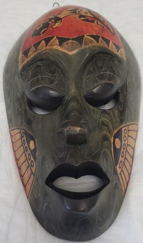 Vintage Hand Carved Painted Wood Indonesian Mask Tribal Folk Art Wall Decor - Thumbnail 2