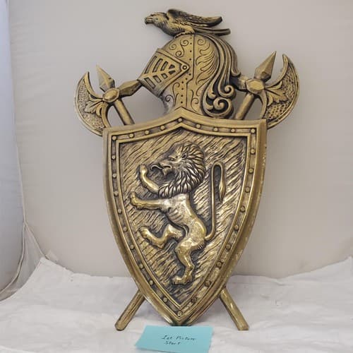 Vintage Brass Wall Plaque Knight Shield Coat of Arms Japan Lion & Battle Decor - Image 1
