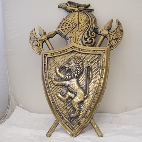 Vintage Brass Wall Plaque Knight Shield Coat of Arms Japan Lion & Battle Decor - Thumbnail 5