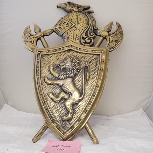Vintage Brass Wall Plaque Knight Shield Coat of Arms Japan Lion & Battle Decor - Thumbnail 6
