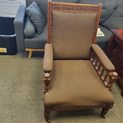 Vintage Antique Ornately Carved Wood Framed Fabric Victorian Throne Armchair - Image 1