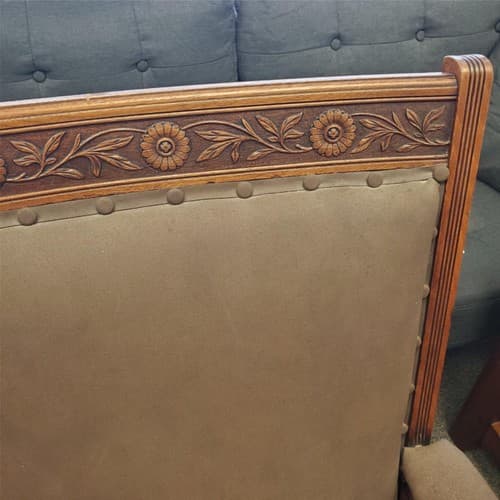 Vintage Antique Ornately Carved Wood Framed Fabric Victorian Throne Armchair - Thumbnail 4