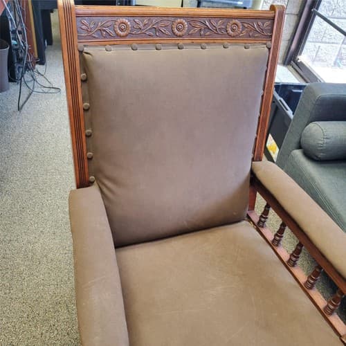 Vintage Antique Ornately Carved Wood Framed Fabric Victorian Throne Armchair - Thumbnail 2