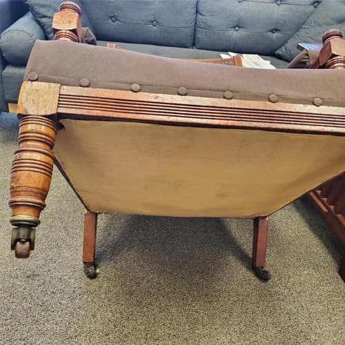 Vintage Antique Ornately Carved Wood Framed Fabric Victorian Throne Armchair - Thumbnail 6