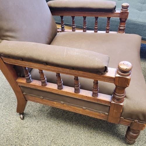 Vintage Antique Ornately Carved Wood Framed Fabric Victorian Throne Armchair - Thumbnail 9