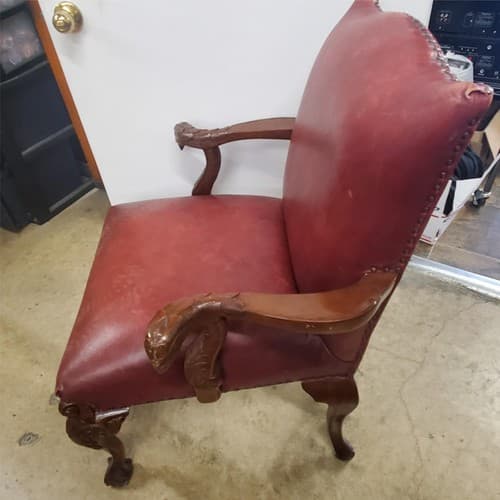 Antique Vintage Red Leather and Carved Owl Wood Armchair Law Office Chair - Image 1
