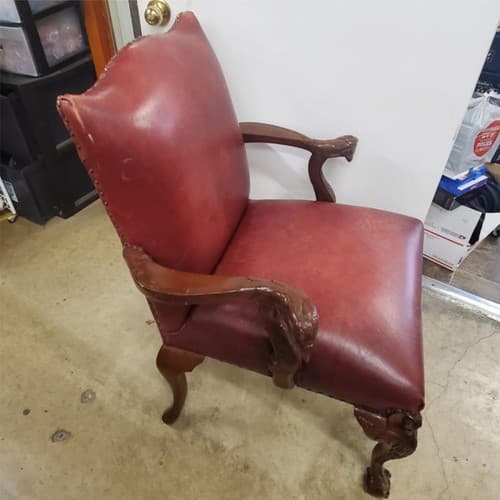 Antique Vintage Red Leather and Carved Owl Wood Armchair Law Office Chair - Thumbnail 3