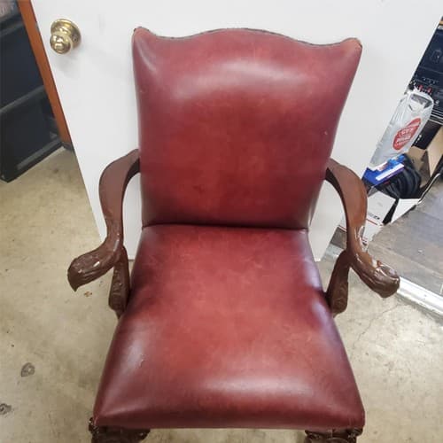 Antique Vintage Red Leather and Carved Owl Wood Armchair Law Office Chair - Thumbnail 9