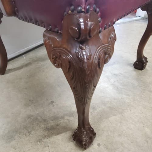 Antique Vintage Red Leather and Carved Owl Wood Armchair Law Office Chair - Thumbnail 11