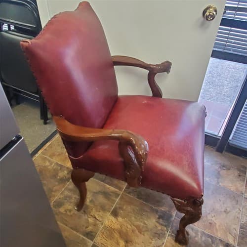 Antique Vintage Red Leather and Carved Owl Wood Armchair Law Office Chair - Thumbnail 5