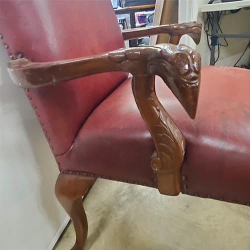Antique Vintage Red Leather and Carved Owl Wood Armchair Law Office Chair - Thumbnail 12