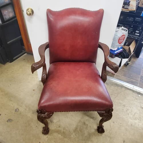 Antique Vintage Red Leather and Carved Owl Wood Armchair Law Office Chair - Thumbnail 8