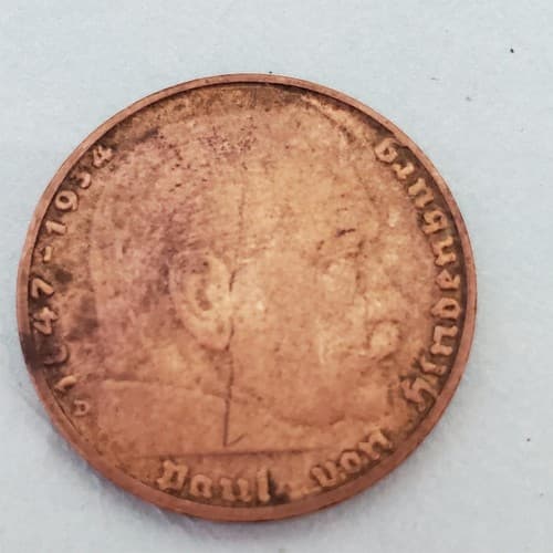 Vintage 1934 Germany 2 Mark Coin Paul von Hindenburg WWII Era Copper - Thumbnail 2