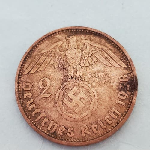 Vintage 1934 Germany 2 Mark Coin Paul von Hindenburg WWII Era Copper - Thumbnail 3