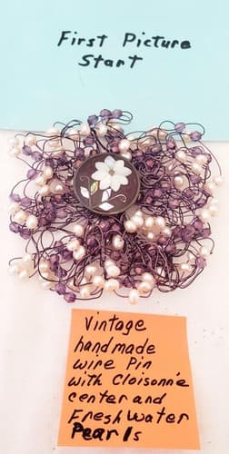 Vintage Hand Made Wire Pin with Cloisonne Center and Freshwater Pearls - Image 1
