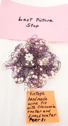 Vintage Hand Made Wire Pin with Cloisonne Center and Freshwater Pearls - Thumbnail 5