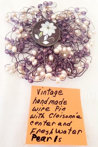Vintage Hand Made Wire Pin with Cloisonne Center and Freshwater Pearls - Thumbnail 2