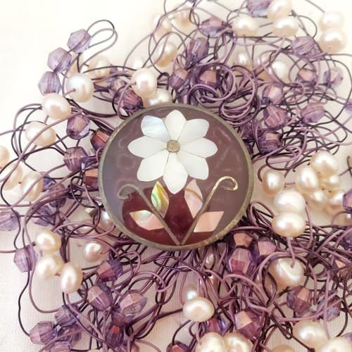 Vintage Hand Made Wire Pin with Cloisonne Center and Freshwater Pearls - Thumbnail 4