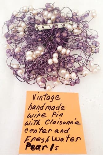 Vintage Hand Made Wire Pin with Cloisonne Center and Freshwater Pearls - Thumbnail 3