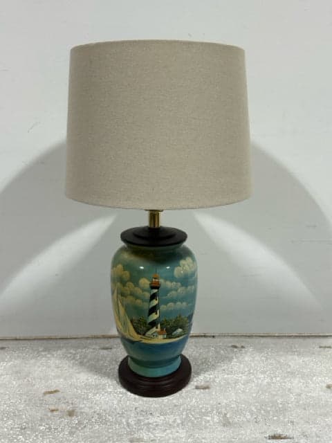 Coastal Lighthouse Table Lamp With Beige Shade - Image 1