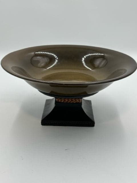 Party Lite Brown Ceramic Bowl On Metal Pedestal - Image 1