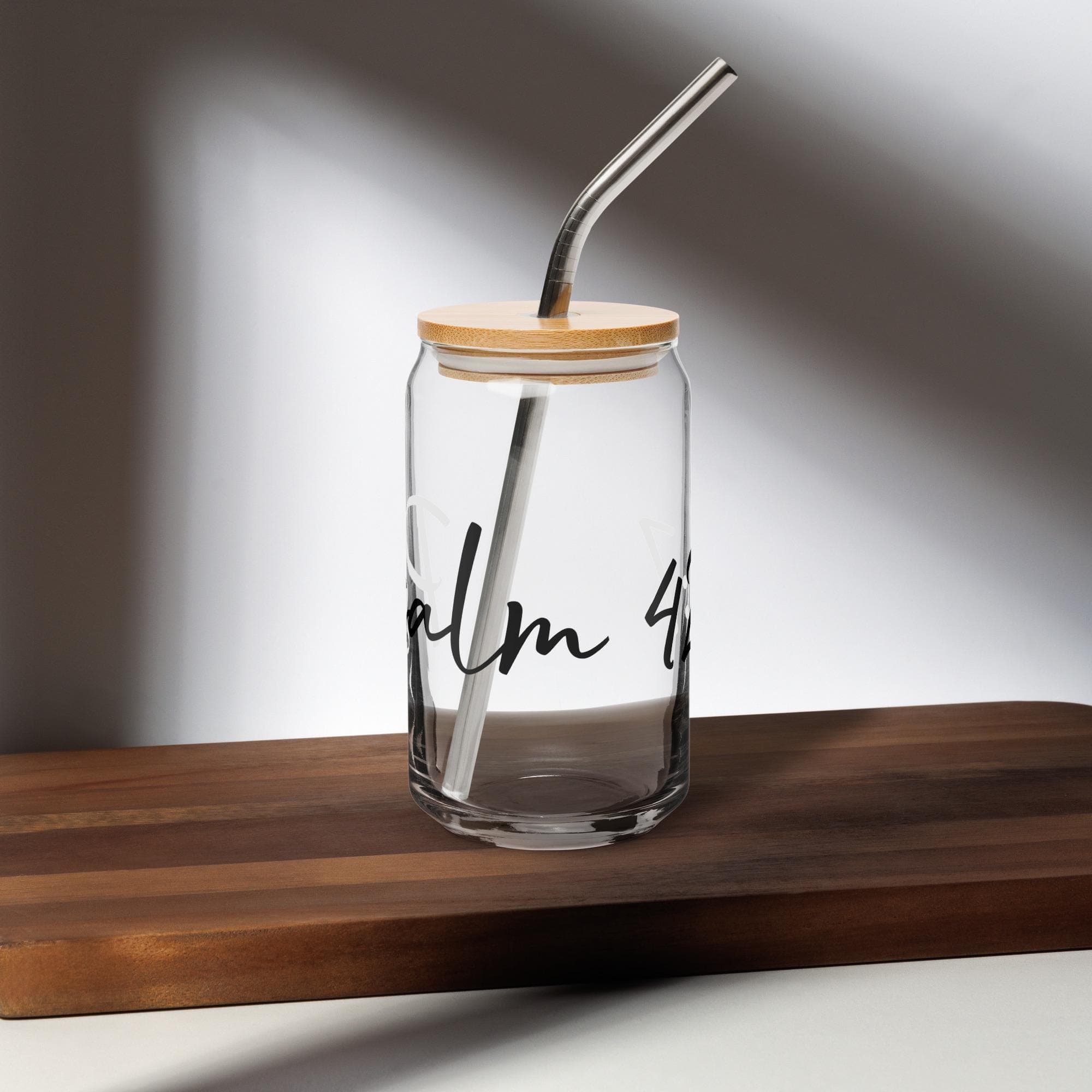 16 oz Can-Shaped Glass Cup with Wooden Lid & Reusable Metal Straw – Psalm 42:7 - Thumbnail 4