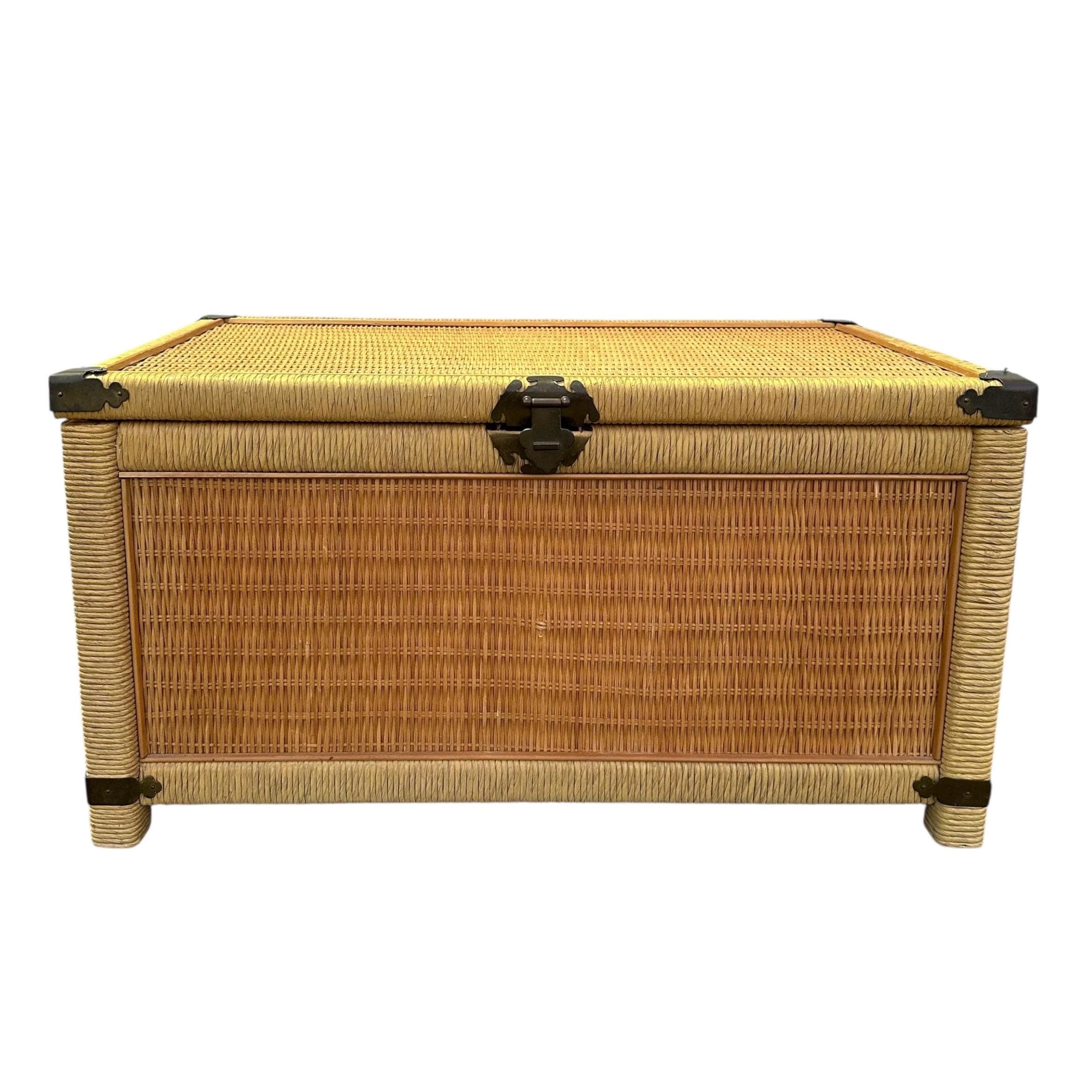 Vintage Woven Wicker Storage Trunk with Chinoiserie Brass Hardware - Henry Link Style with Natural Rattan