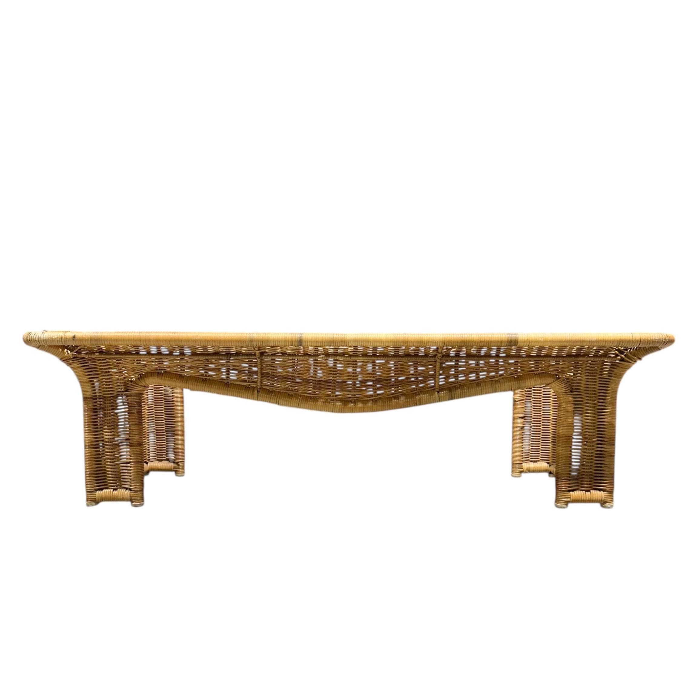 Rattan Coffee Table 56” Long - Vintage Rectangular Coastal Boho Chic Hollywood Regency Bamboo Style Furniture - Thumbnail 2