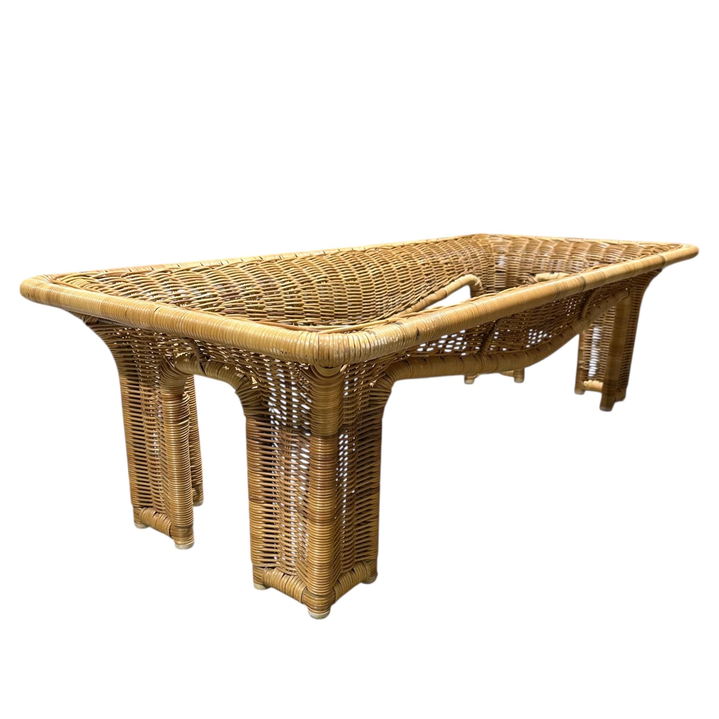Rattan Coffee Table 56” Long - Vintage Rectangular Coastal Boho Chic Hollywood Regency Bamboo Style Furniture - Thumbnail 5