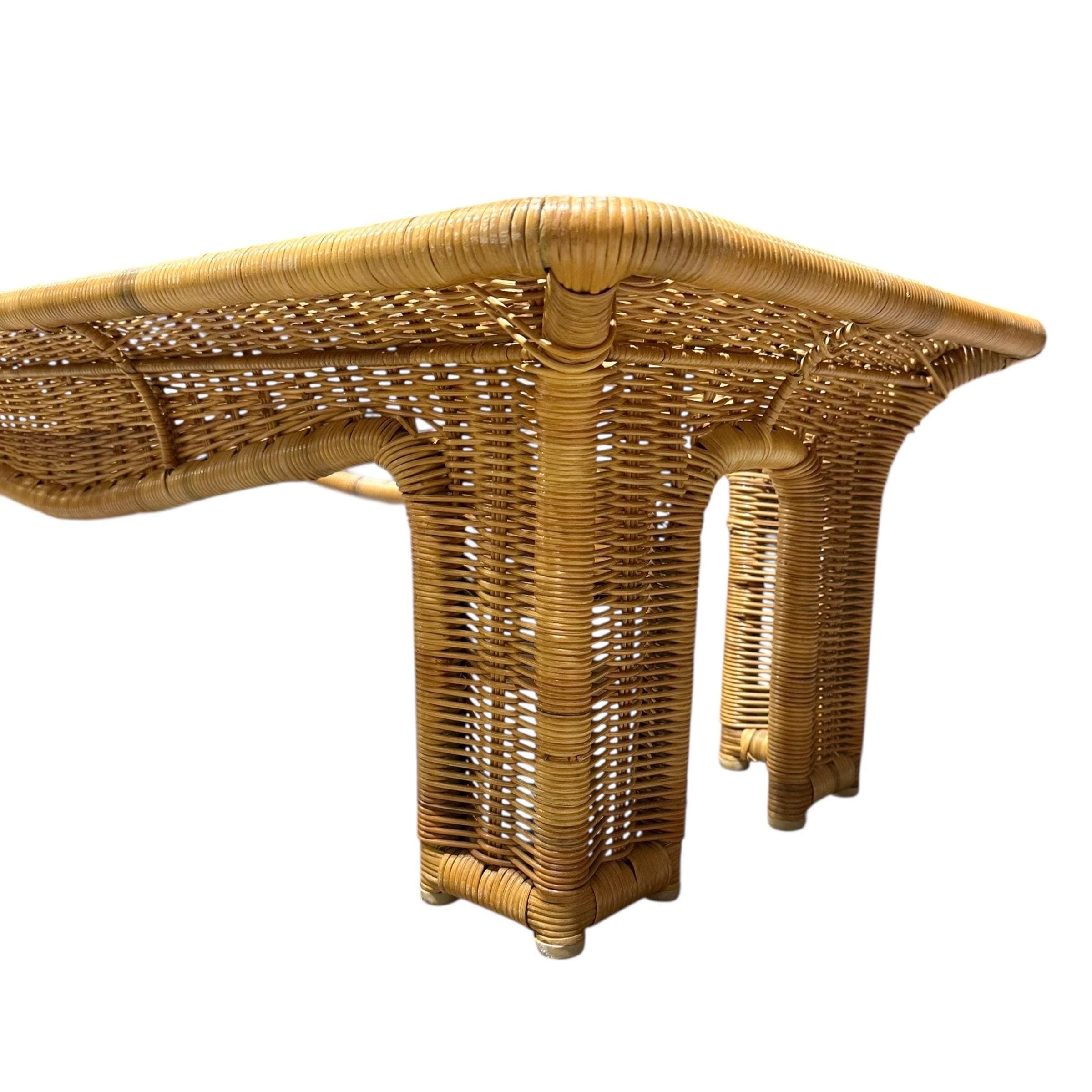 Rattan Coffee Table 56” Long - Vintage Rectangular Coastal Boho Chic Hollywood Regency Bamboo Style Furniture - Thumbnail 7