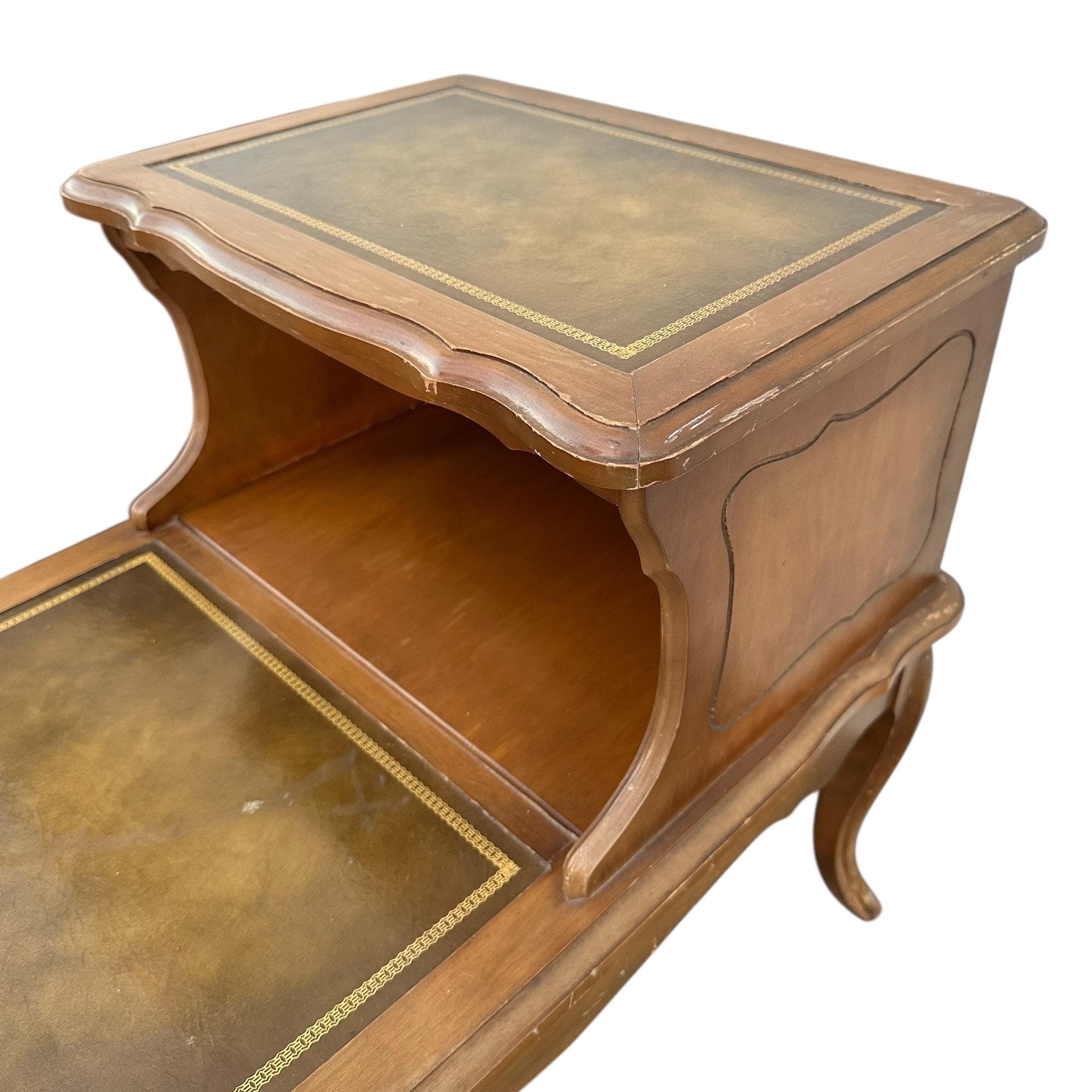 Vintage French Provincial Two Tier Nightstands - Pair of Open Shelf Leather Top Wood Bedside Tables - Thumbnail 4