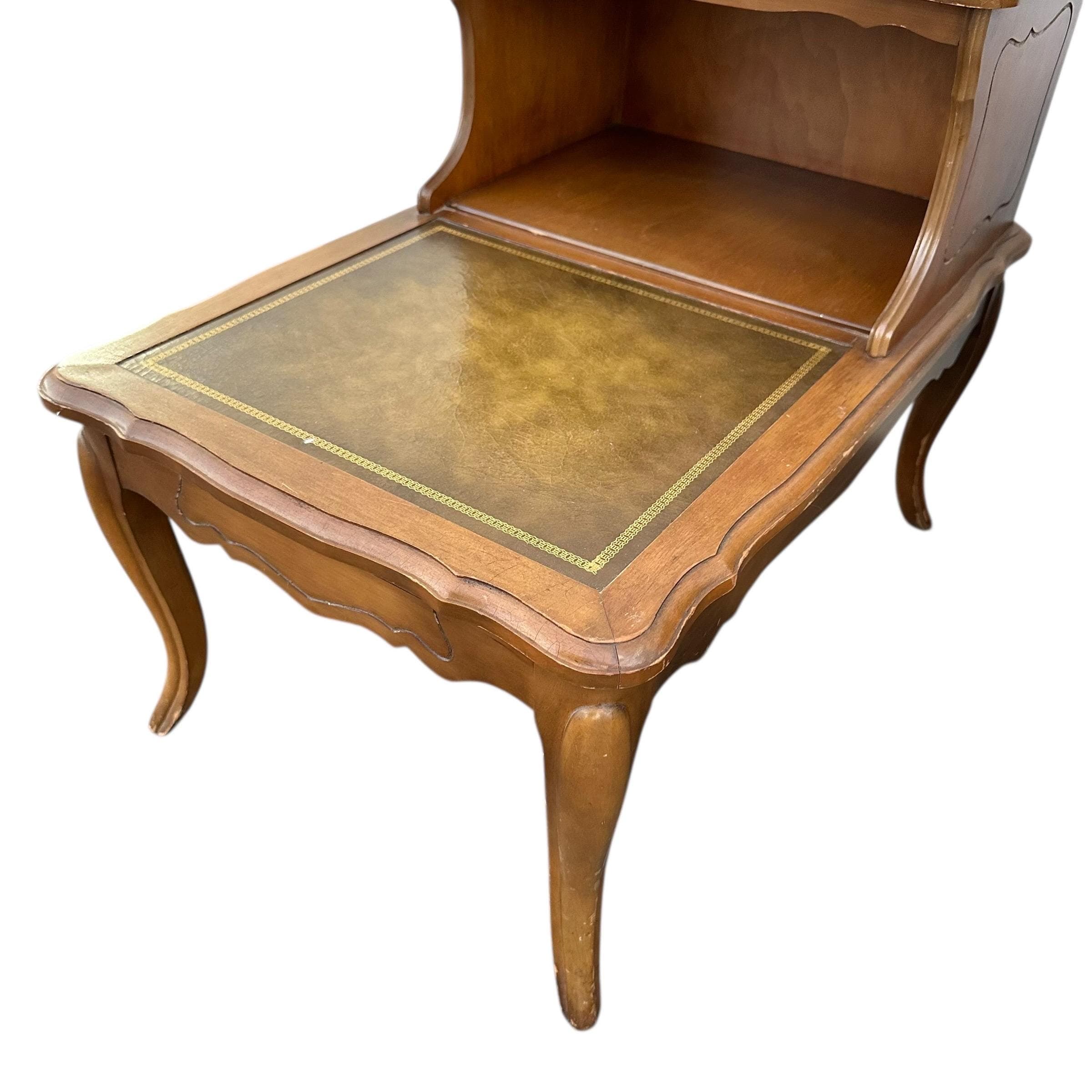 Vintage French Provincial Two Tier Nightstands - Pair of Open Shelf Leather Top Wood Bedside Tables - Thumbnail 6