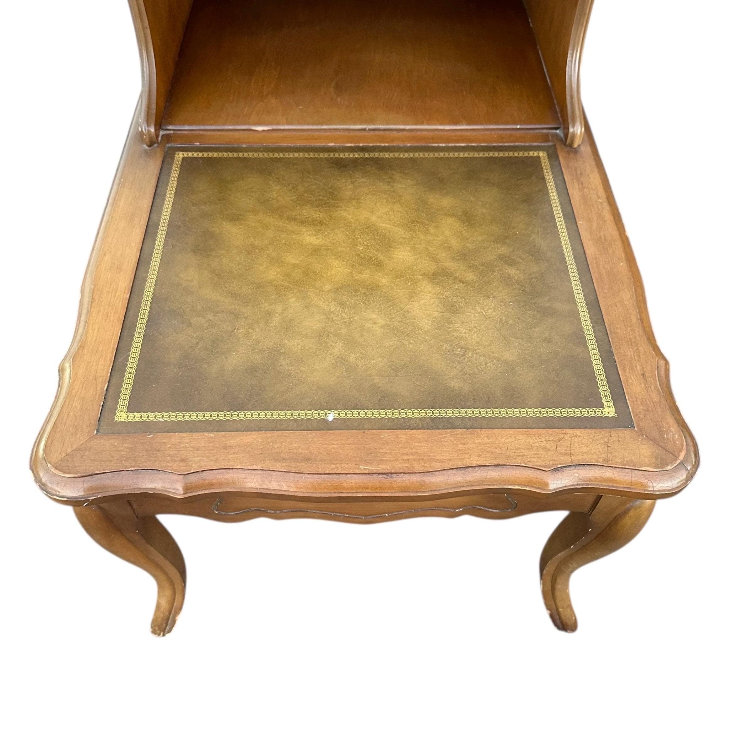 Vintage French Provincial Two Tier Nightstands - Pair of Open Shelf Leather Top Wood Bedside Tables - Thumbnail 8