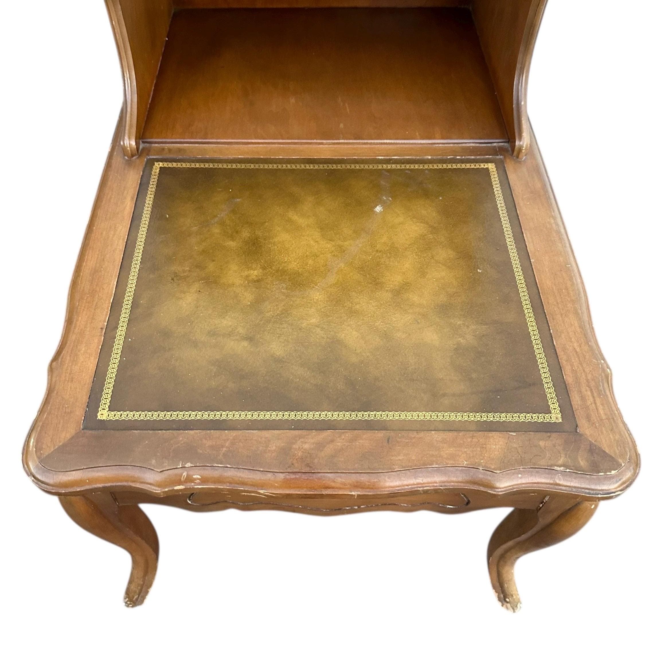 Vintage French Provincial Two Tier Nightstands - Pair of Open Shelf Leather Top Wood Bedside Tables - Thumbnail 9