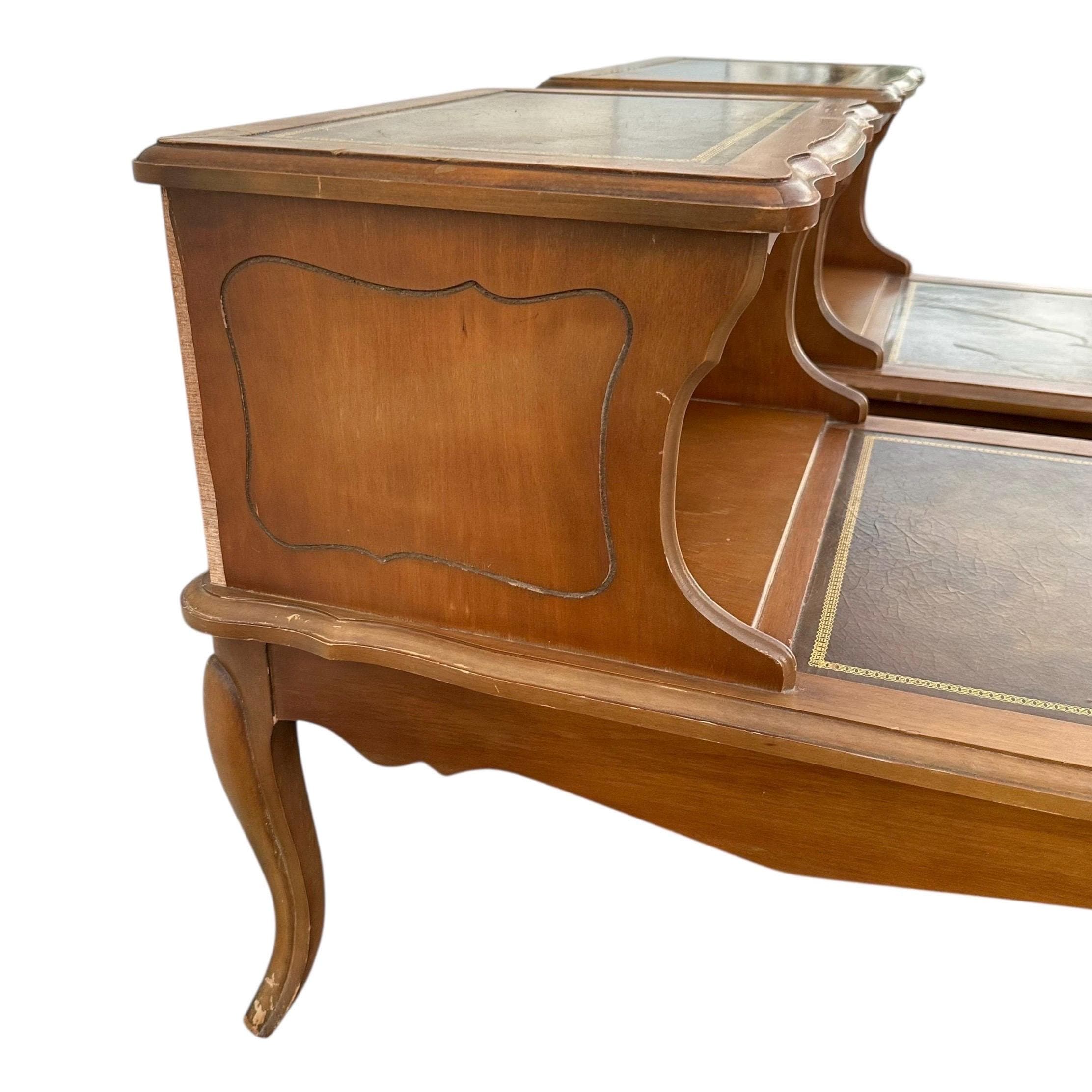 Vintage French Provincial Two Tier Nightstands - Pair of Open Shelf Leather Top Wood Bedside Tables - Thumbnail 10