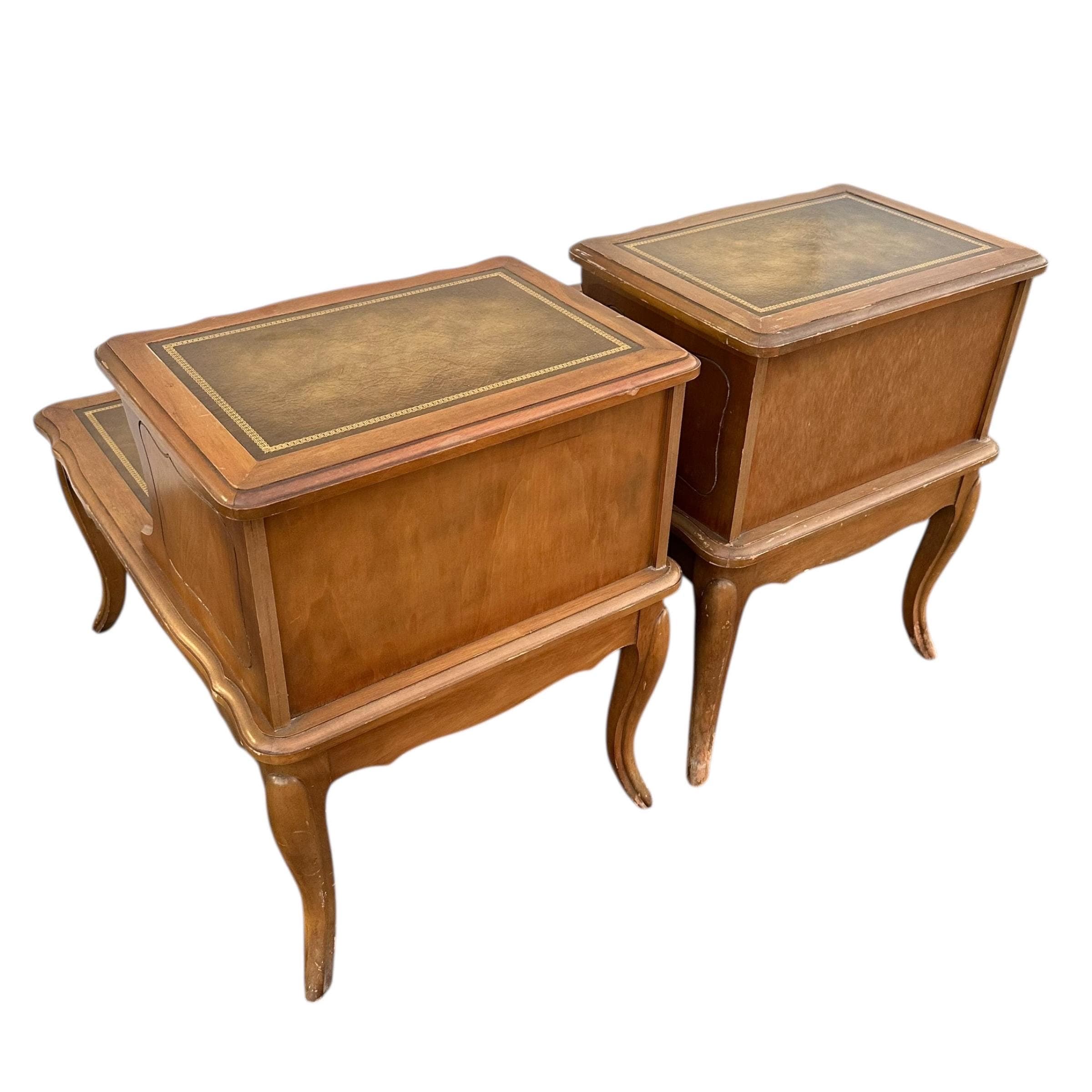 Vintage French Provincial Two Tier Nightstands - Pair of Open Shelf Leather Top Wood Bedside Tables - Thumbnail 12