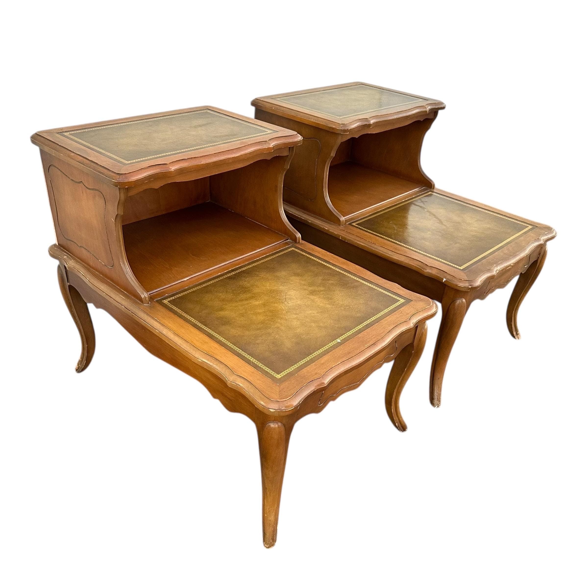 Vintage French Provincial Two Tier Nightstands - Pair of Open Shelf Leather Top Wood Bedside Tables - Thumbnail 13