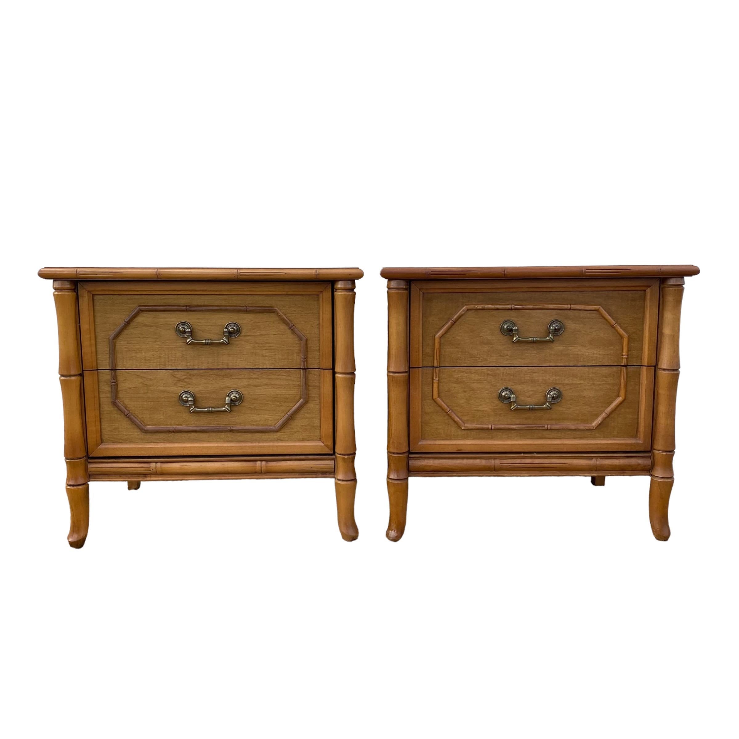 Set of 2 Vintage Faux Bamboo Nightstands - Brown Wooden Broyhill Hollywood Regency Coastal Furniture