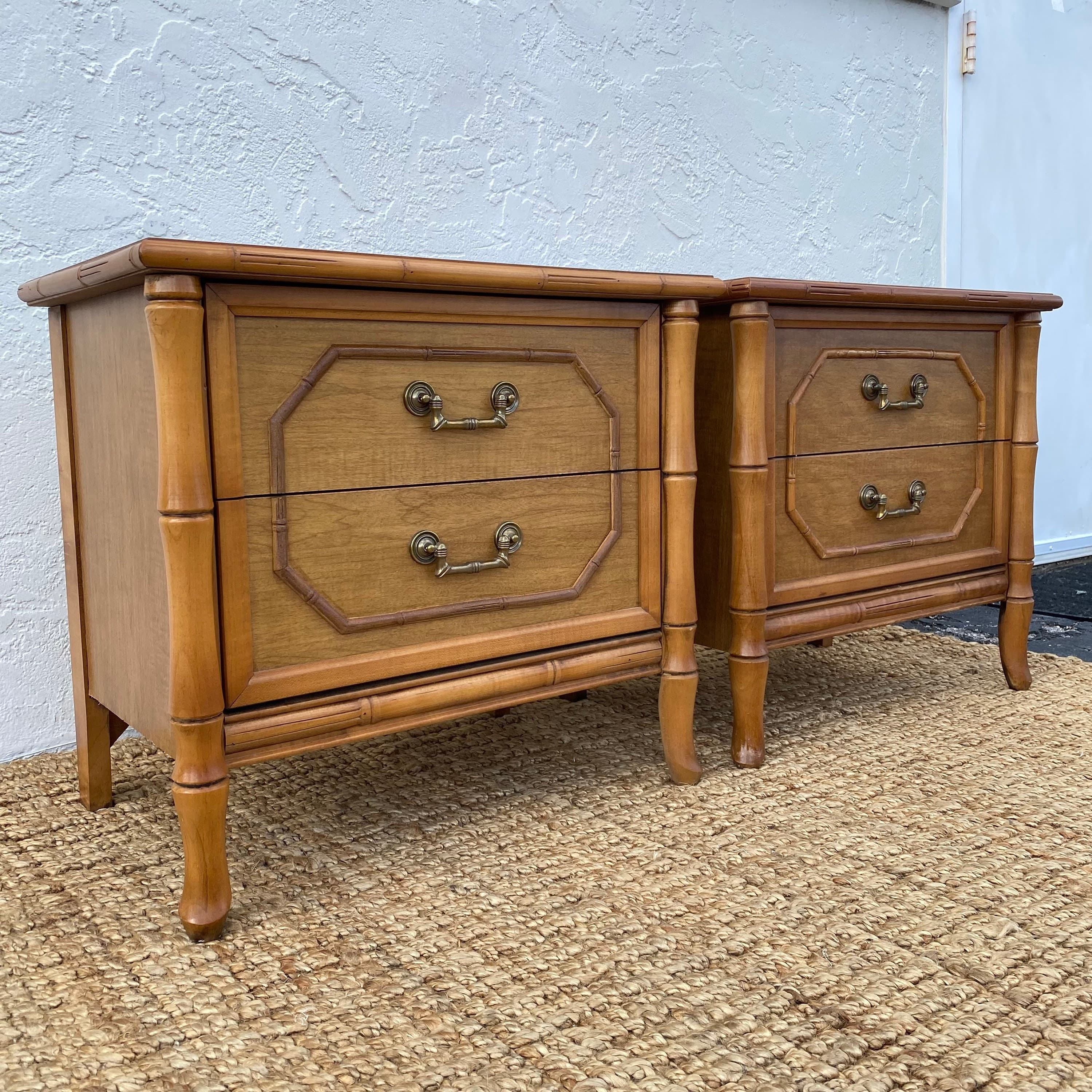Set of 2 Vintage Faux Bamboo Nightstands - Brown Wooden Broyhill Hollywood Regency Coastal Furniture - Thumbnail 2
