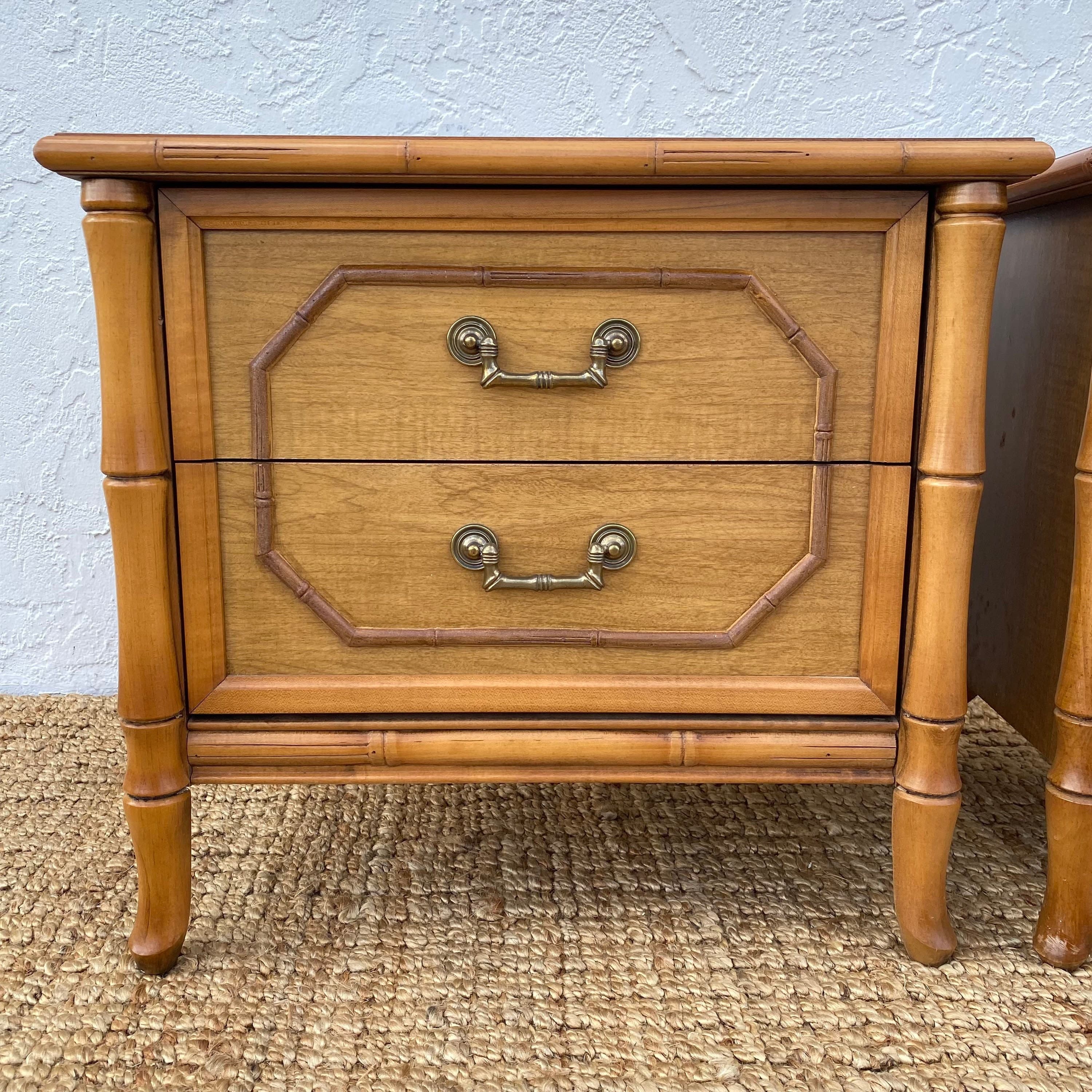 Set of 2 Vintage Faux Bamboo Nightstands - Brown Wooden Broyhill Hollywood Regency Coastal Furniture - Thumbnail 3
