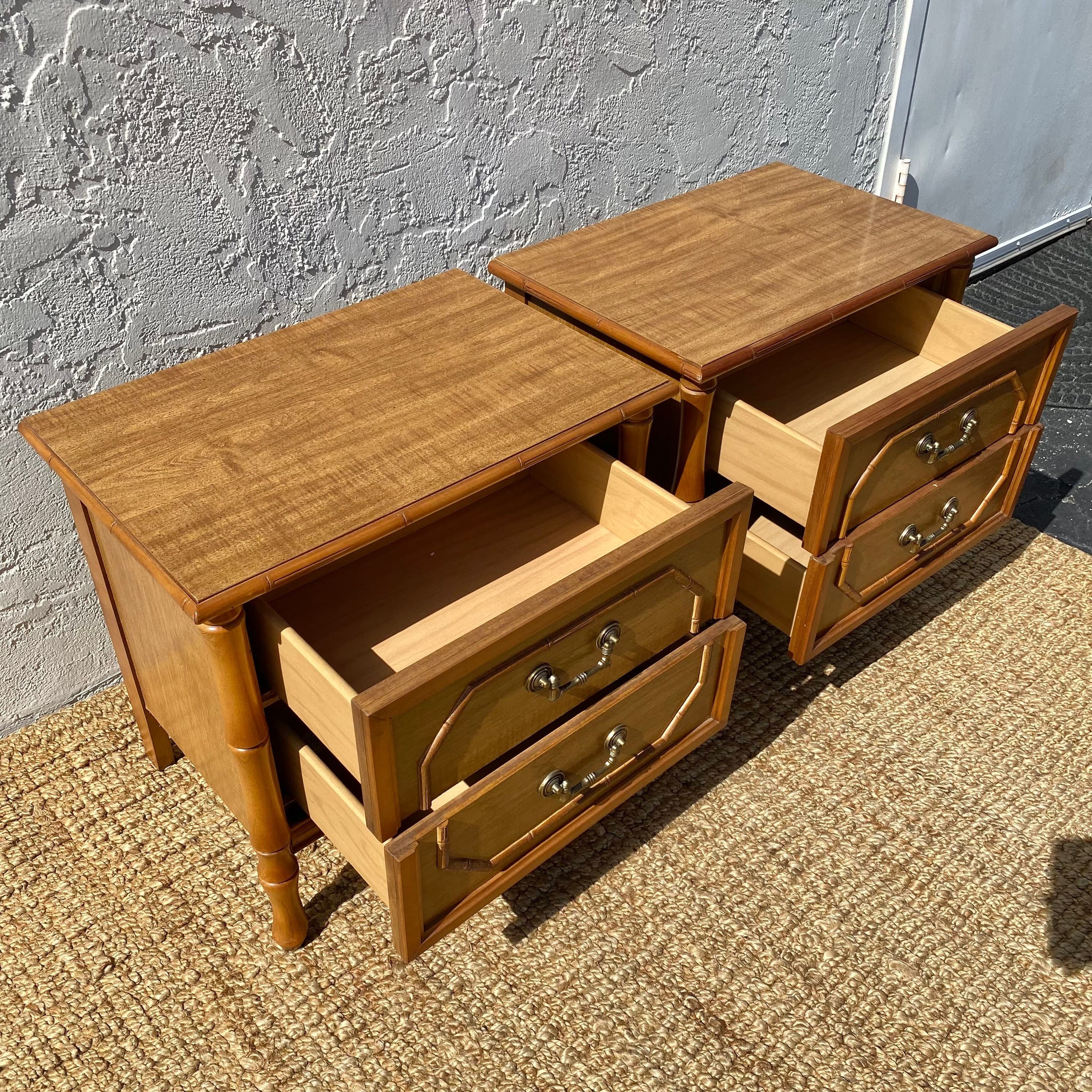 Set of 2 Vintage Faux Bamboo Nightstands - Brown Wooden Broyhill Hollywood Regency Coastal Furniture - Thumbnail 7