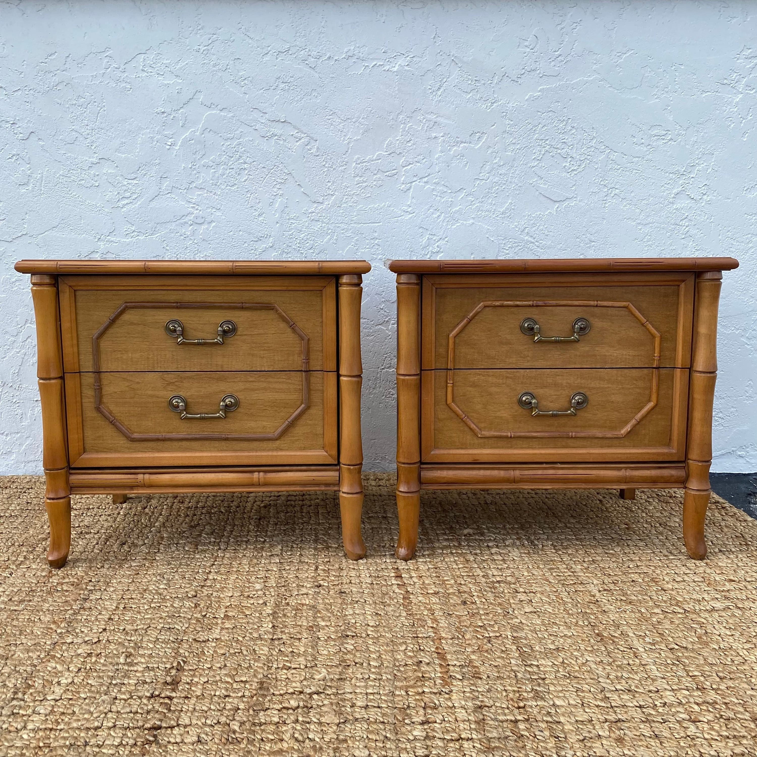 Set of 2 Vintage Faux Bamboo Nightstands - Brown Wooden Broyhill Hollywood Regency Coastal Furniture - Thumbnail 9